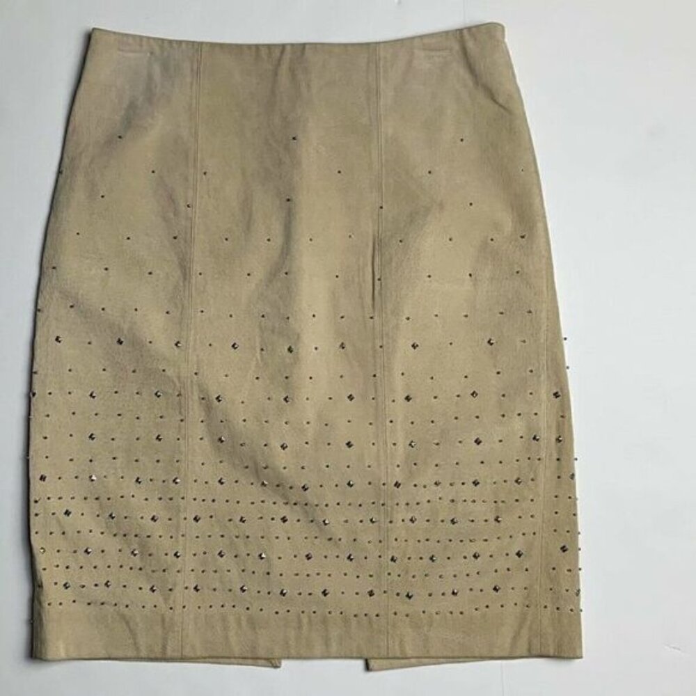 White House Black Market Tan Leather Mini Pencil Skirt SZ 2 Studs Indie Festival